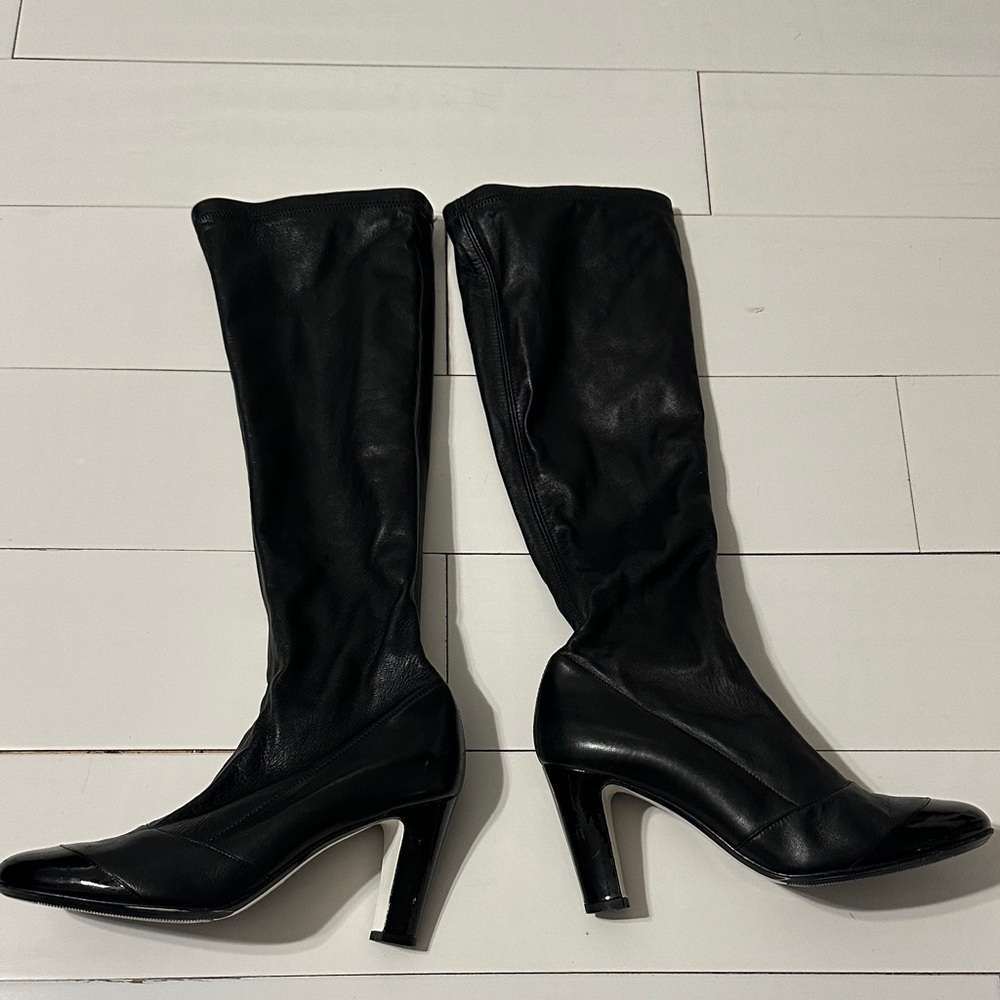 Chanel Heeled Boots Lambskin Tall Boots Cap Round Toe Patent Leather Black EU 38 - Picture 11 of 14